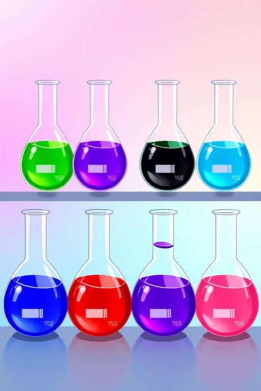 Create a vibrant illustration of six laboratory flasks arranged in two rows, each containing different colored liquids: green, blue, black, red, purple, and pink, using a digital art style, with a soft focus effect, 300 DPI resolution, and an overhead view.