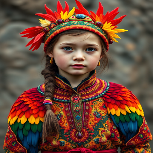 A beautiful Eurasian girl, wearing colorful bird clothing with vibrant colors