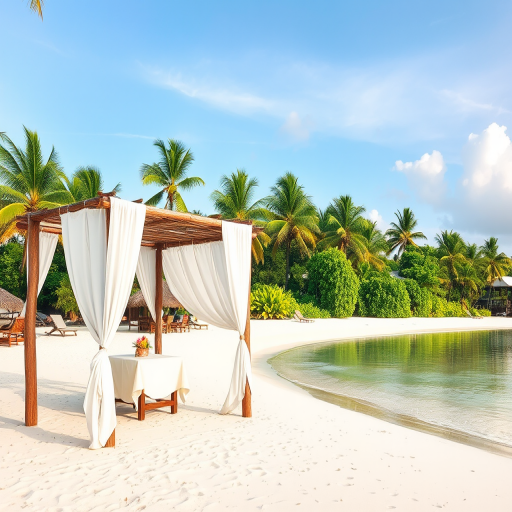 Create a picturesque tropical beach scene featuring a serene, white sandy shore. In the foreground, there's a rustic wooden canopy with white drapes gently flowing in the breeze. Underneath the canopy, a table is set with tropical decor, evoking a sense of relaxation and leisure. The beach extends into a calm, shallow water area with reflections of the sky and surroundings. Palm trees and lush greenery line the edge of the beach, providing a natural, tropical backdrop. The sky is clear with a few scattered clouds, and the overall atmosphere is tranquil and inviting, perfect for a peaceful retreat.