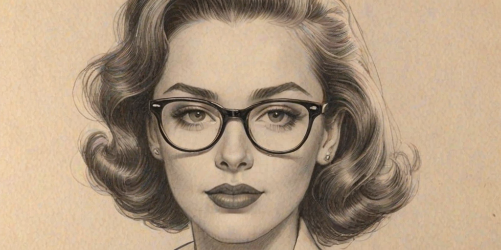 Gorgeous Sadie Stanley, pencil sketch, portrait of Enticing woman 1952s in glasses, hair style beatnik, outline, clear lines, fine lines, 8k