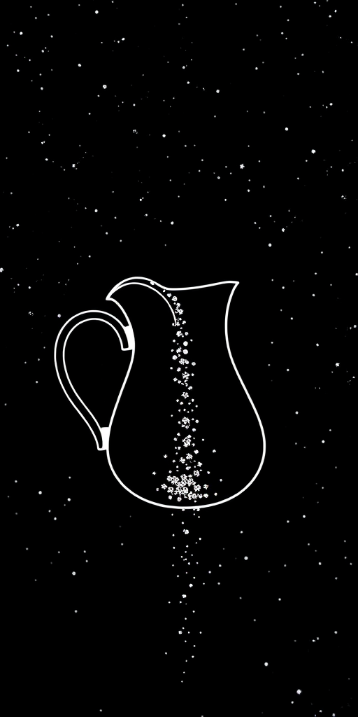 Create an image of a cosmic scene featuring a minimalist outline of a pouring pitcher against a starry black background, with a focus on the particles cascading from the pitcher resembling stars, using a DSLR camera with a 50mm lens, f/1.8 aperture, ISO 100, and a 1/200s shutter speed for high clarity and depth of field.