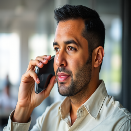 portrait of a man in a light shirt with a logo, holding a smartphone to his ear, shallow depth of field, natural light, 50mm lens, aperture f/1.8, ISO 200, 1/200 sec, DSLR camera, soft focus background