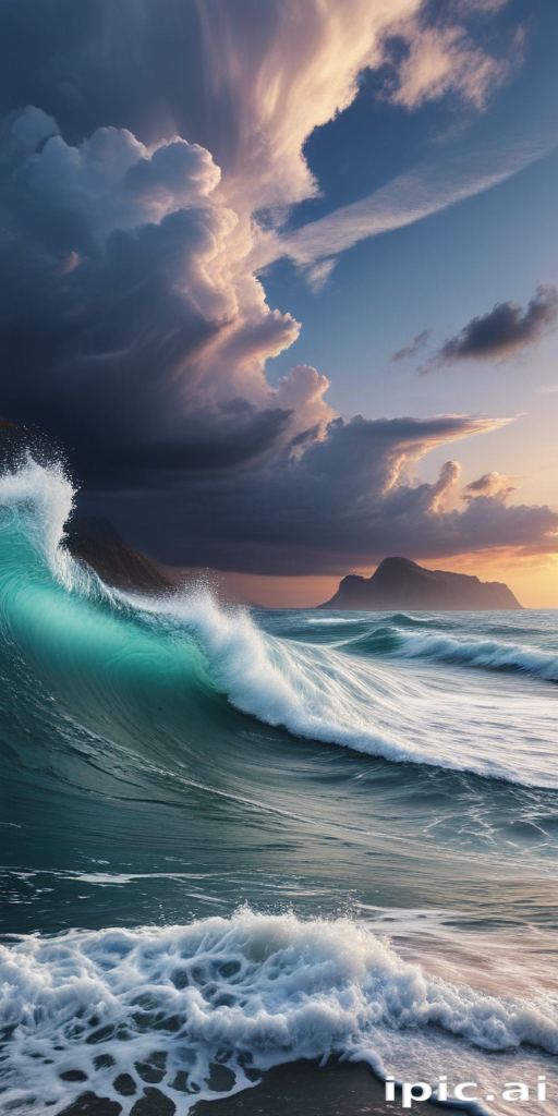 Majestic Ocean Waves Under Dramatic Clouds at Sunset on the Horizon
