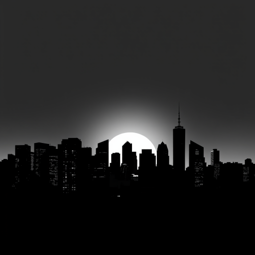 generate a high-contrast black and white illustration of a modern city skyline at sunset, using a digital camera with a wide-angle lens, aperture f/8, ISO 100, 24mm focal length, capturing the sharp details of buildings against a soft gradient background with a slight vignette effect
