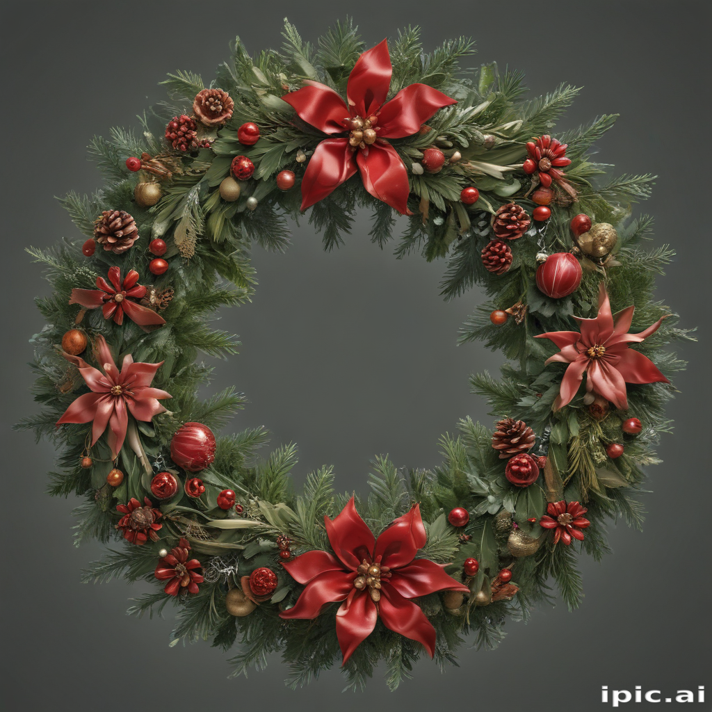 Festive Holiday Wreath Adorned with Red Flowers and Pine Cones