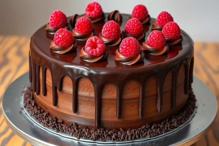 A beautiful chocolate cake with smooth chocolate frosting drizzled on top decorated with chocolate swirls and fresh raspberries arranged elegantly on the surface with chocolate sprinkles around the base on a silver cake stand.