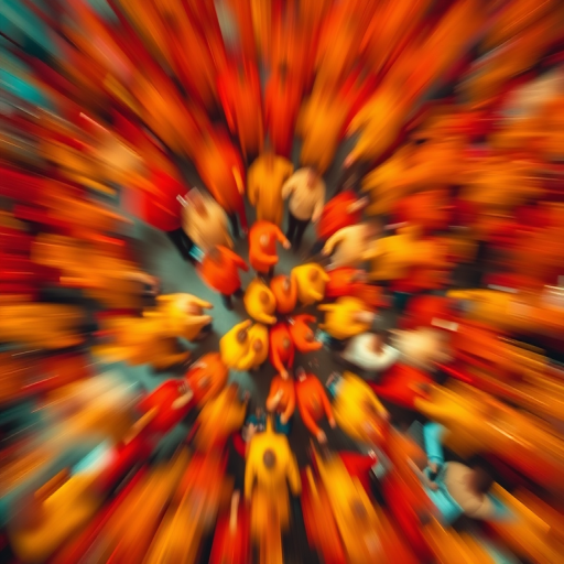 Create an image of a vibrant, abstract crowd scene with bright reds and yellows, captured using a DSLR camera at f/1.8 aperture, ISO 200, 50mm lens, top-down view, with a focus on motion blur to convey energy and dynamism.