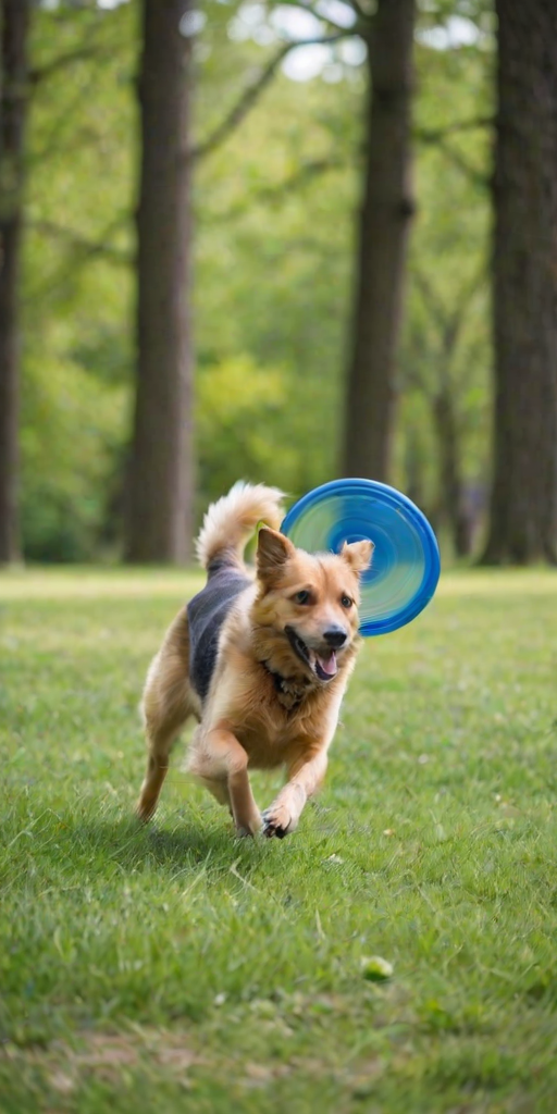 Blurry action shot of a dog chasing a frisbee in a grassy park, soft focus on the background trees swaying in the wind, with vibrant green and blue tones in the image.