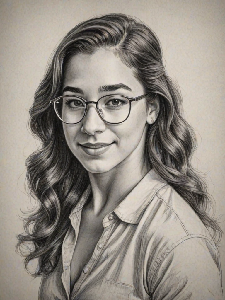 Radiant Aly Raisman, pencil sketch, portrait of Splendid woman 1924s in glasses, hair style beatnik, outline, clear lines, fine lines, 8k