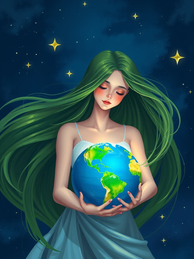 Create an illustration of a serene woman with long flowing green hair, gently cradling a vibrant Earth globe, surrounded by twinkling stars in a deep blue night sky, using a digital painting style, with a focus on bright colors and smooth gradients, set at a resolution of 300 DPI, using a 50mm lens in soft focus to emphasize the character while softly blurring the background.