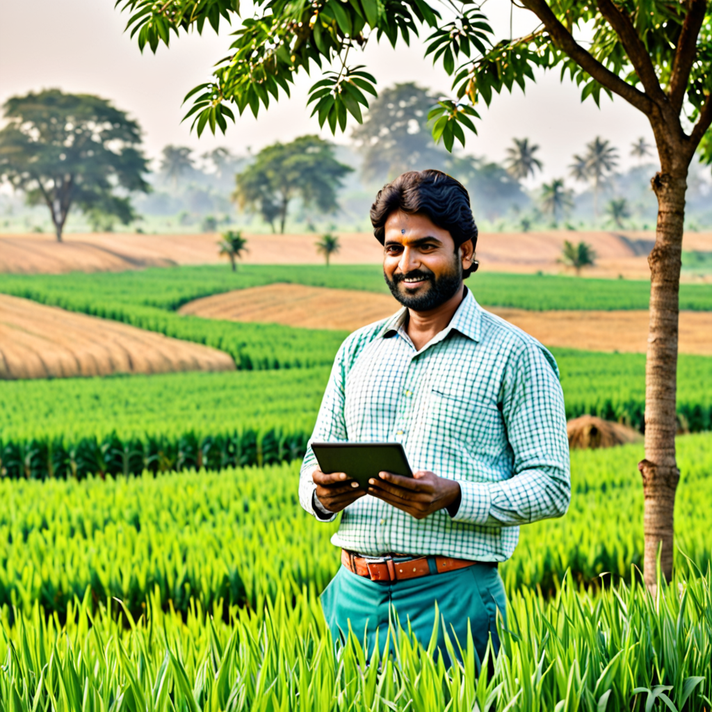 indian farmer using technology with a vast lush green field behind him