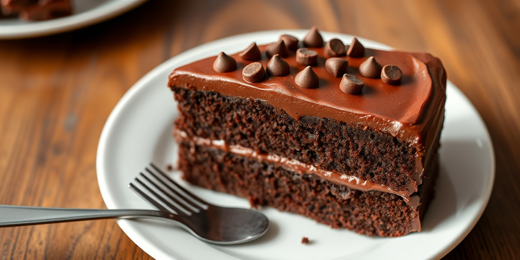 A slice of rich chocolate cake with smooth chocolate frosting topped with chocolate chips on a white plate with a fork beside it. The cake has layers and a moist texture, placed on a wooden table.