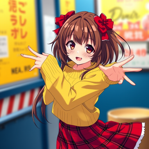 Create an image of an anime girl with brown hair and red bows, wearing a yellow sweater and a red plaid skirt, expressive pose, bright and vibrant colors, shot with a Canon EOS R5, 50mm lens, f/1.8, high saturation and sharp focus.