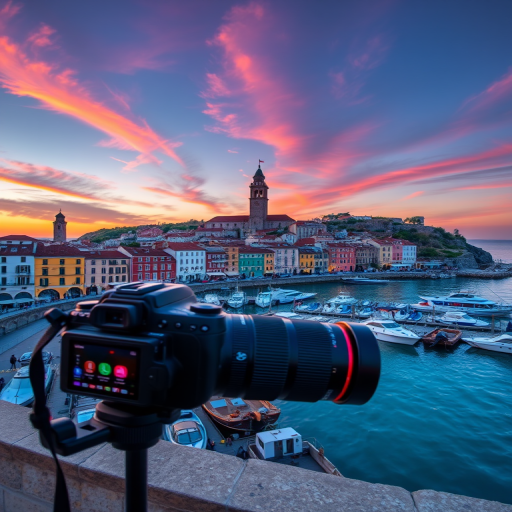 Capture a picturesque view of a coastal town at sunset, showcasing the waterfront with boats docked, historical architecture with a clock tower prominently featured, vibrant colors reflecting on the water, using a DSLR camera, 24mm lens, f/8 aperture, ISO 200, and a tripod for stability.