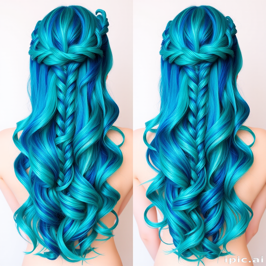 Vibrant Mermaid Mane showcasing a mesmerizing blend of teal, aqua, and turquoise hues in a voluminous, wavy style with shimmering highlights and intricate braided accents