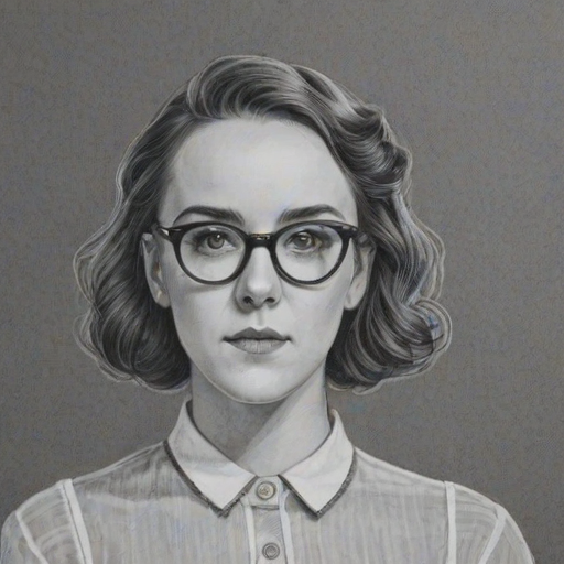 Enchanting Jena Malone, pencil sketch, portrait of Bewitching woman 1935s in glasses, hair style beatnik, outline, clear lines, fine lines, 8k