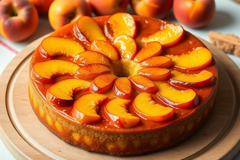 Create an image of a round peach upside-down cake glistening with caramelized peaches on top arranged in a circular pattern the cake is golden brown with a smooth texture and has a hole in the center it is placed on a wooden serving board with fresh peaches and some brown sugar in the background the setting is bright and inviting.
