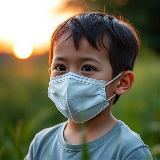Create an image of a young child wearing a white face mask, with short dark hair, in a grassy field at sunset, using a Canon EOS R5 camera, 50mm f/1.2 lens, aperture f/2.8, ISO 200, with a shallow depth of field to enhance the subject's features and background blur.