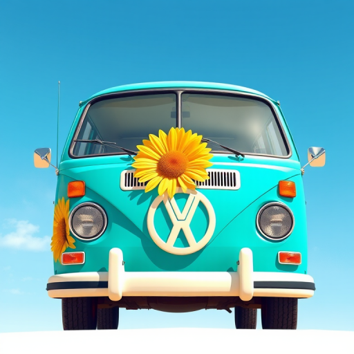 Create a vibrant, high-resolution illustration of a vintage VW van painted in bright turquoise, featuring large yellow and white daisies with a peace sign, set against a clear blue sky, using a digital art style; camera settings: f/8 aperture, ISO 100, 24mm lens, shot from a frontal view to emphasize the van's details.