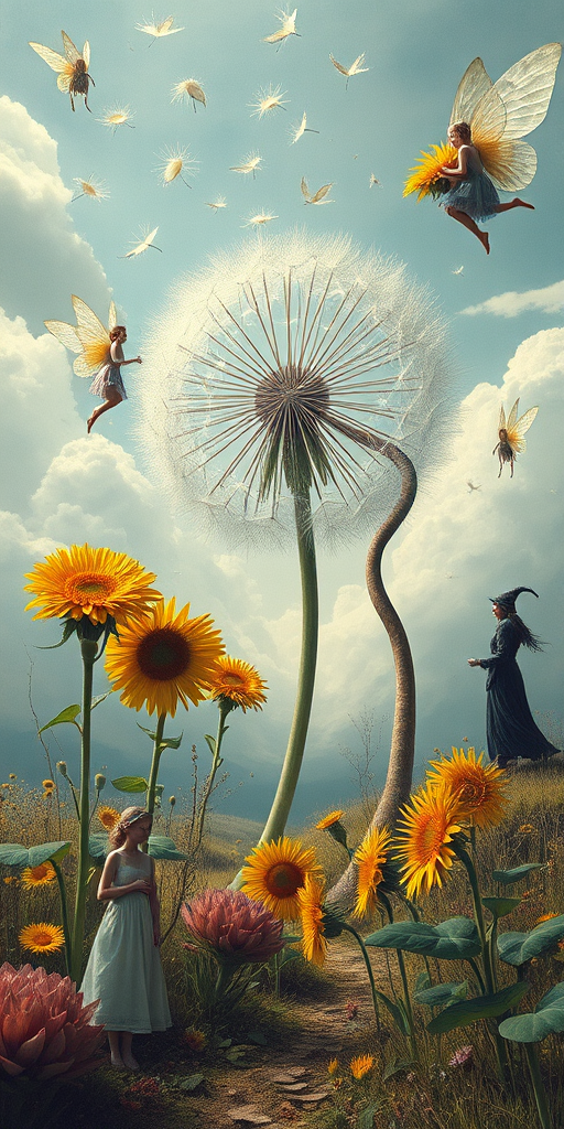 A surreal allegory featuring ethereal fairies, towering sunflowers, and an enigmatic witch, all set within a dreamlike landscape. The scene is dominated by a colossal dandelion, its delicate seeds floating through the air, reminiscent of Yves Tanguy's abstract forms. The environment is a blend of otherworldly elements and natural beauty, with twisted, elongated shapes and surreal colors that evoke a sense of mystery and enchantment.