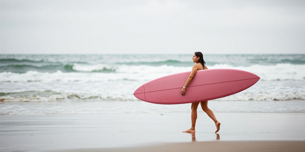 surfer walking along the beach towards the ocean holding a pink surfboard, overcast sky, Canon EOS R5, 50mm lens, aperture f/2.8, ISO 100, shutter speed 1/500s, soft focus background, natural light