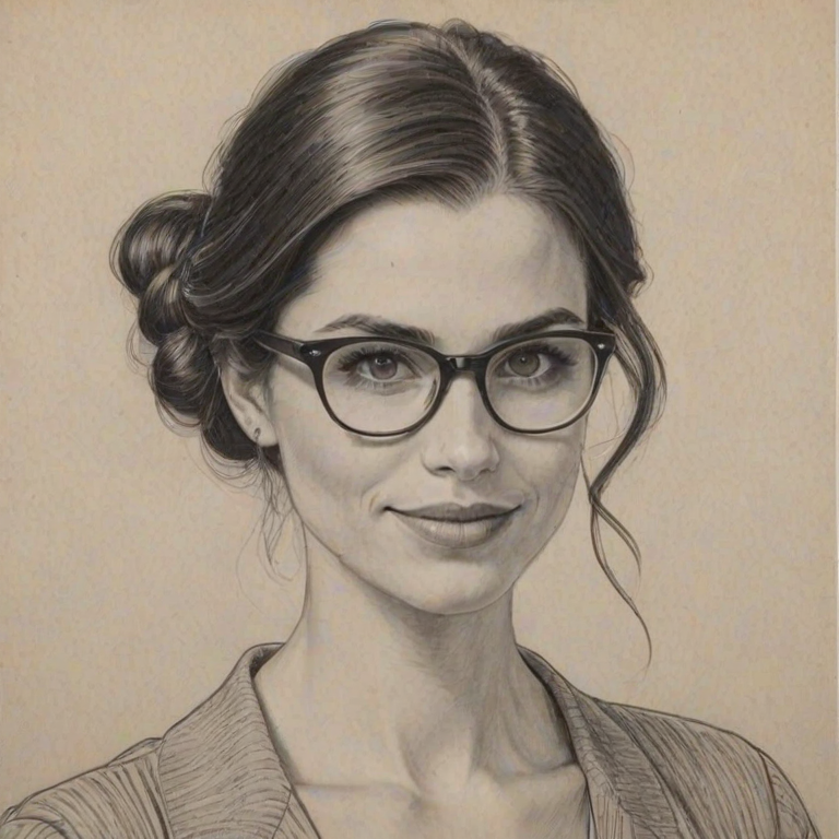 Fascinating Meghan Ory, pencil sketch, portrait of Pleasing woman 1923s in glasses, hair style beatnik, outline, clear lines, fine lines, 8k