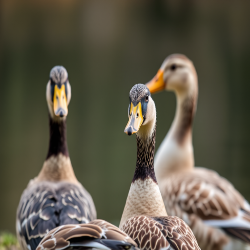a group of ducks standing near a calm lake, focus on their intricate feather patterns, soft natural lighting, f/4 aperture, ISO 200, shutter speed 1/500s, 50mm lens, portrait view, DSLR camera