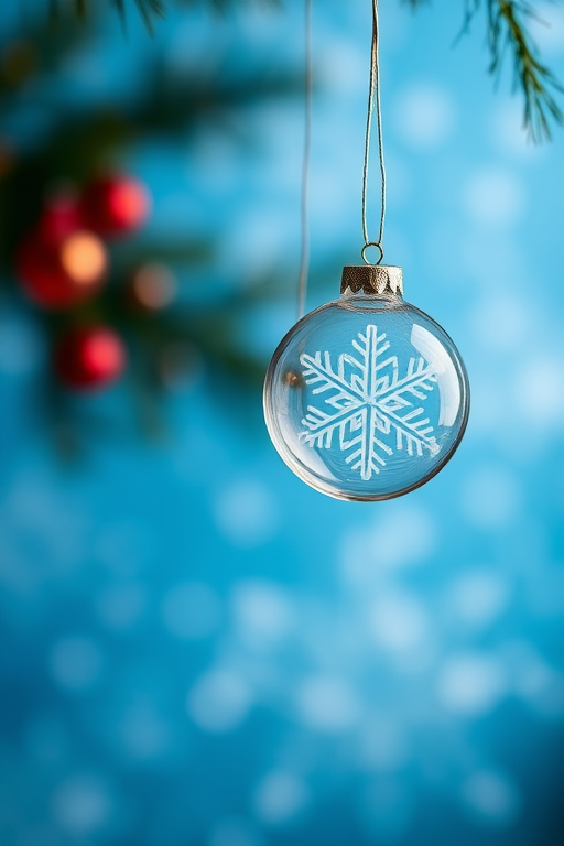 Create a festive Christmas scene featuring hanging transparent ornaments with snowflake designs on a blurred blue background with soft snowflakes, using a DSLR camera with a 50mm lens, f/1.8 aperture, ISO 200, and a shallow depth of field for a dreamy effect.