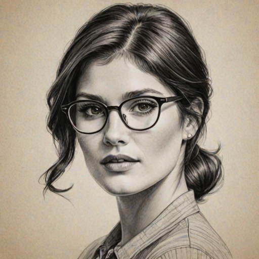 Beauteous Gemma Arterton, pencil sketch, portrait of Comely woman 1941s in glasses, hair style beatnik, outline, clear lines, fine lines, 8k