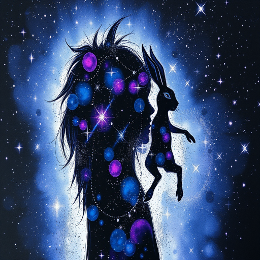 Captivating conceptual render alcohol ink art, double exposure, the paint strokes artfully merge combining a woman's full silhouette with a Humble hare's silhouette. The figures are composed of a series of colored dots, lines & spots that evoke the image of a cosmic galaxy, colors are deep shades of blue purple & black with flashes of white & silver representing distant stars. The woman's silhouette is formed within the lion's silhouette from constellations of scattered stars, surreal