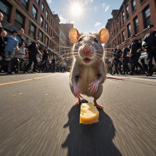 rat holding cheese is (running:1.05) to the viewer, (motion blur:1.1), (police running:1.2), (dynamic:1.1), sun rays, newyork, (taken by go pro:1.3), (taken by 7.5mm fisheye lens:1.1)