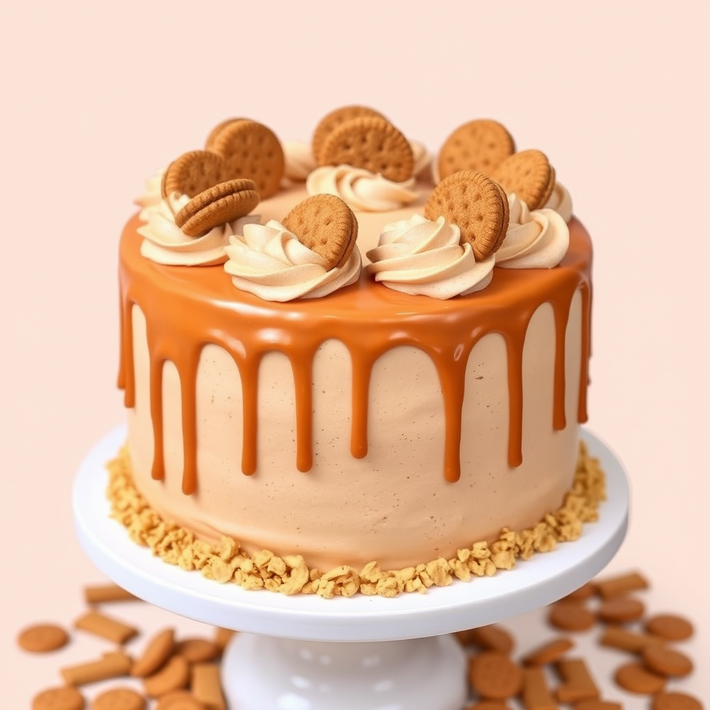 Create an image of a round cake with a smooth beige frosting topped with swirls of light brown buttercream and decorated with biscuit cookies arranged on top. The cake has a glossy caramel drizzle cascading down the sides and is surrounded by a base of crushed cookies. It is displayed on a white cake stand against a plain background.