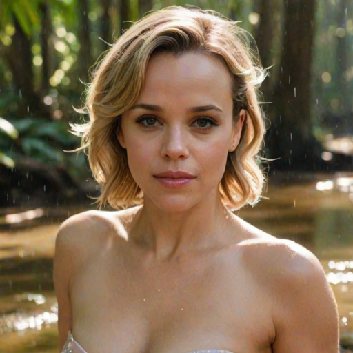 A photo of an old, beautiful Rachel McAdams with light tanned skin, a small nose, and soft pink lips. She has perfect symmetric eyes and wears a strapless transparent bikini. She has a big female bosom with push-up. The model is standing under the warm sunlight, showcasing her toned figure and delicate curves. The background is a rain forest with sparkling water and trees. The overall ambiance is a perfect blend of luxury, glamour, and beachside leisure.