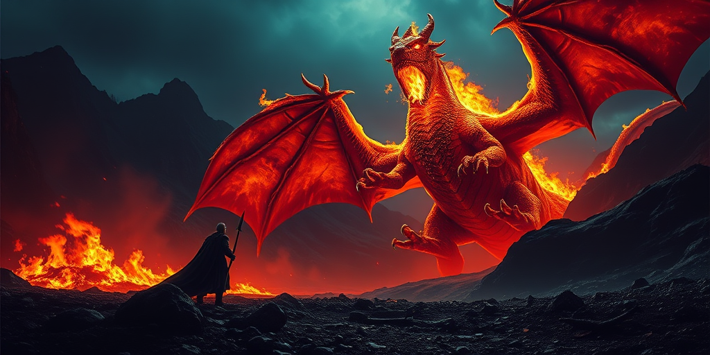 Create a dramatic fantasy scene featuring a lone warrior facing a massive fire-breathing dragon in a dark, mountainous landscape, use a Canon EOS R5, set ISO 100, aperture f/5.6, shutter speed 1/250s, with a low-angle view for a sense of grandeur, emphasizing vibrant colors and dynamic lighting to enhance depth and atmosphere.