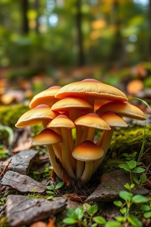 Generate an image of a cluster of mushrooms in a vibrant forest setting, using a DSLR camera with a 50mm lens, f/2.8 aperture, ISO 100, shot from a low angle to capture depth, with soft natural lighting to enhance colors and textures.