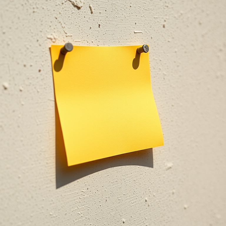 yellow paper note pinned to a wall, natural lighting, macro lens, aperture f/2.8, ISO 100, 50mm lens, high resolution