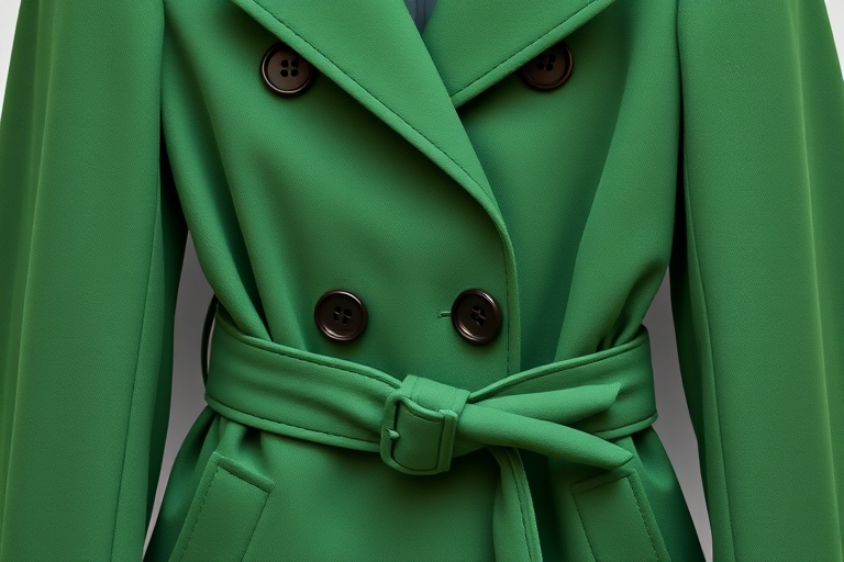 Create a high-resolution image of a green trench coat with a belt and double-breasted buttons, using a DSLR camera with a 50mm lens, f/2.8 aperture, ISO 100, shot from a slightly elevated front view with soft lighting to enhance texture and detail.
