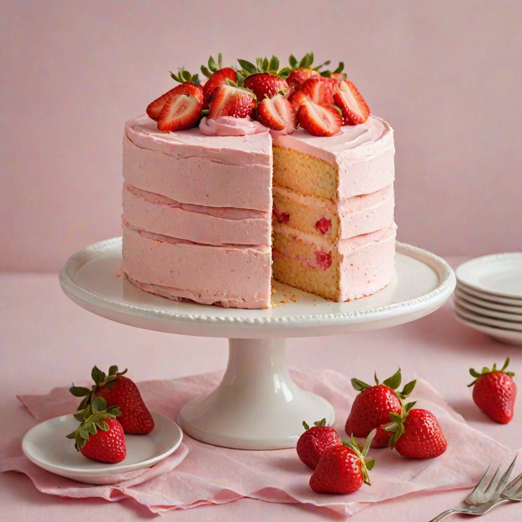 Generate an image of a layered cake on a white cake stand. The cake has a light yellow sponge exterior with a smooth white frosting on top, decorated with fresh strawberry slices. Inside, the cake reveals a pink layer of strawberry-flavored mousse or cream between two layers of sponge cake. The setting is simple with a neutral background.