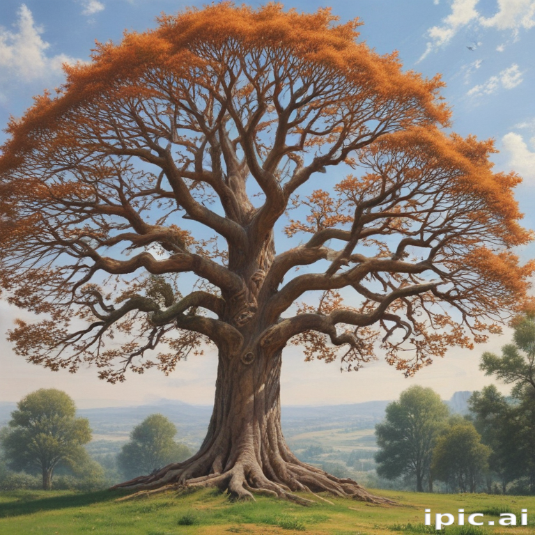 Majestic Tree with Vibrant Autumn Leaves Against a Scenic Landscape