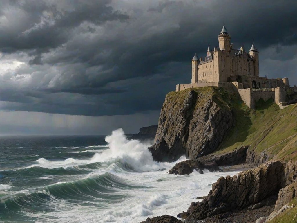 Majestic castle standing on a cliff's edge, with waves crashing against the rocks below, and storm clouds gathering in the distance.