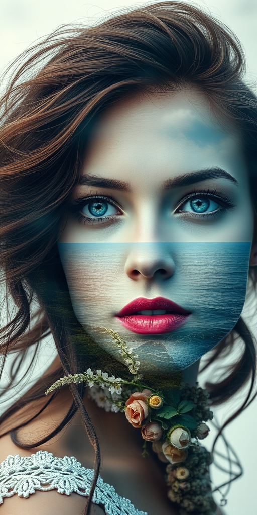 create Book cover, A surreal double exposure portrait that blends a woman's face with a beautiful seascape. The overall mood is dreamy and mystical, with rich colors and intricate details