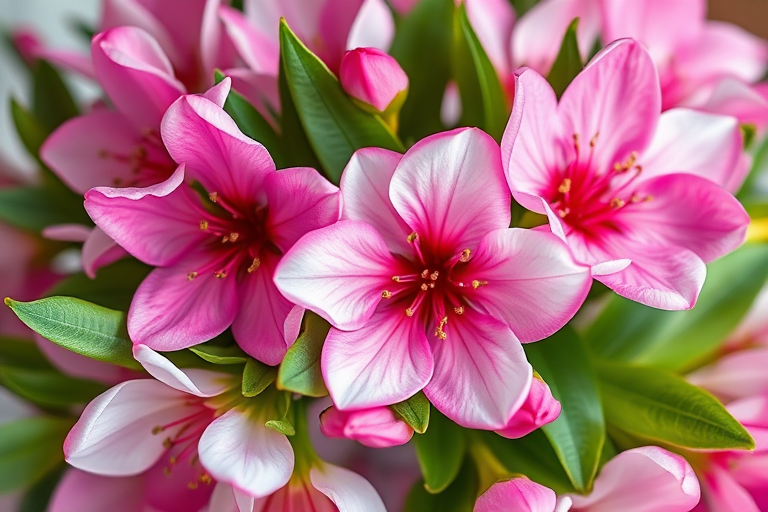 Create a high-resolution, realistic image of a floral arrangement featuring pink and white blossoms with green leaves, captured with a Canon EOS R5, 50mm lens, f/1.8 aperture, ISO 100, natural light, soft focus, emphasizing vibrant colors and delicate details.