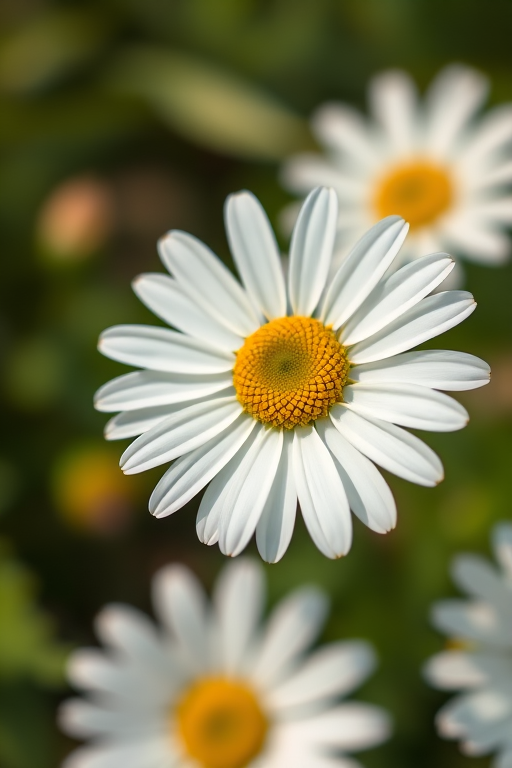 Create a high-resolution image of a daisy flower with white petals and a yellow center, captured with a DSLR camera at f/2.8 aperture, 50mm lens, natural light setting, and a shallow depth of field for enhanced detail.