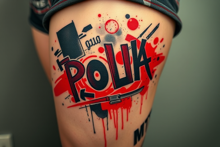 Trash polka tattoo combining realistic and abstract elements on the thigh, featuring bold red and black ink with chaotic brushstrokes and text