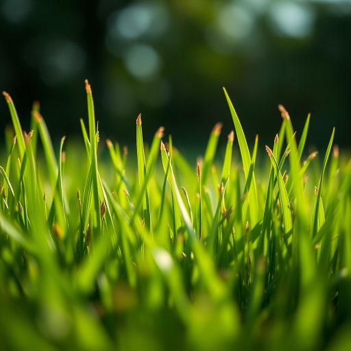 Generate a vibrant illustration of varying heights of grass, showcasing realistic textures and shades of green, shot with a Canon EOS R5 at f/2.8, ISO 100, 1/200s, from a low-angle perspective using macro photography style.