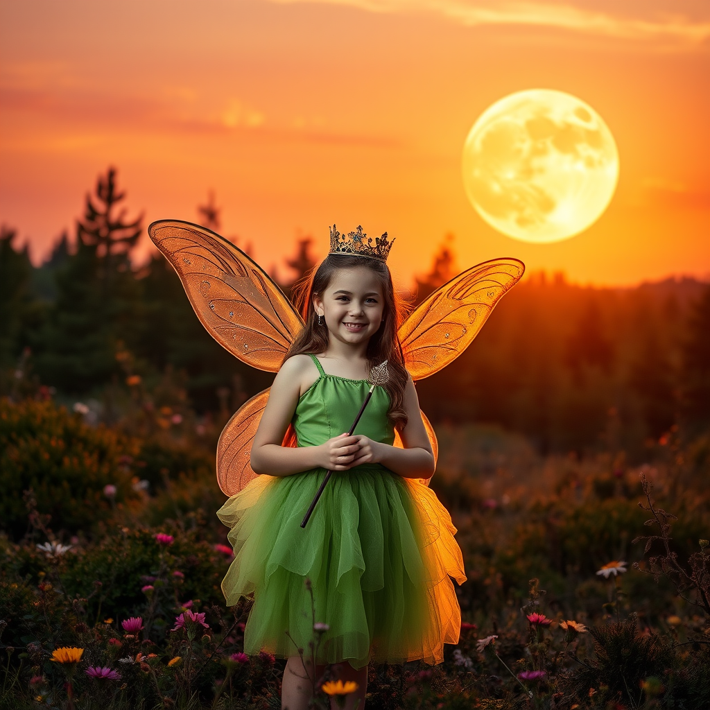 A vivid photo  taken under a bright camera flash of a fantastical scene set against a backdrop of a forest during sunset. The main subject is a girl dressed as a fairy, adorned with translucent wings and a green dress, holding a wand, her face is happy, and she wears a crown on her head. The forest behind her is a blend of flowers, shrubs and trees. The sky is painted in hues of orange and pink, with a large, glowing moon casting a warm glow over the scene. The overall color palette is dominated by earthy tones.