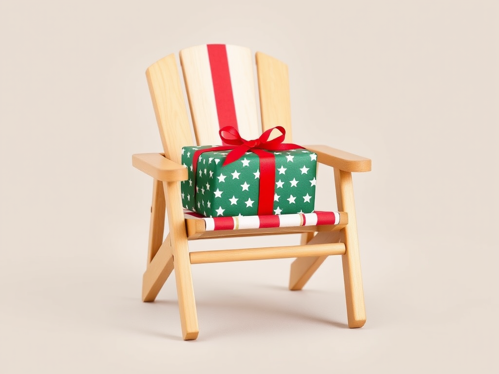 Generate an image of a small wooden deck chair with a red and white striped fabric seat, featuring a wrapped gift box in green paper with white stars and a red ribbon placed on the chair. The background should be neutral and soft to enhance the focus on the chair and the gift.
