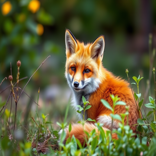Regenerate an image of a fox sitting among greenery, soft focus background, natural lighting, f/2.8 aperture, 50mm lens, DSLR camera, vibrant colors and high detail in fur textures.