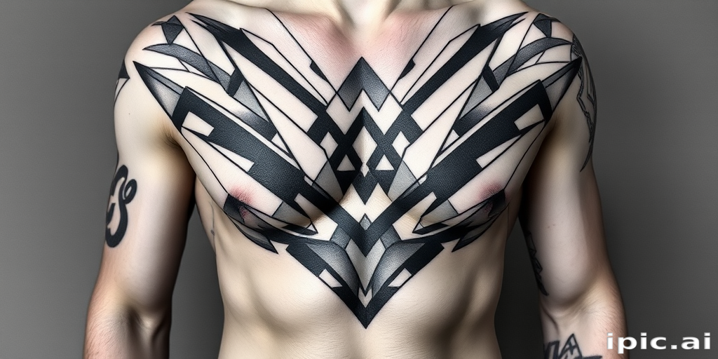 Bold geometric body tattoo covering the entire chest and abdomen, incorporating sharp lines and abstract shapes in monochromatic grayscale tones