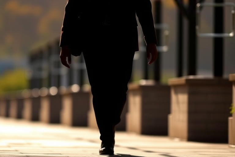 Create a high-resolution silhouette of a walking person, captured with a 50mm lens at f/8, ISO 100, in a shallow depth of field for a blurred background, using a DSLR camera with natural lighting.